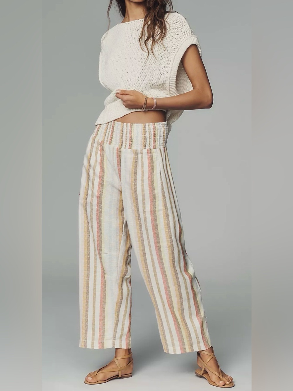 Anthropologie Pilcro Reese Smocked Pull-On Barrel Pants Multi Stripe Linen, S
